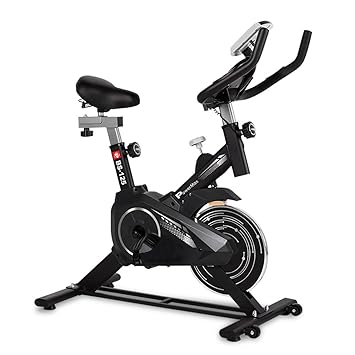PowerMax Fitness BS-125 Spin Exercise Bike For Home Use,16Mm 6Kg Flywheel,Max User Weight 130Kg,LCD Display,2Pc Crank,Heart Rate Sensor,Knob Braking,Adjustable Foot Strap And Seat,Ipad Holder,Black - image, photos