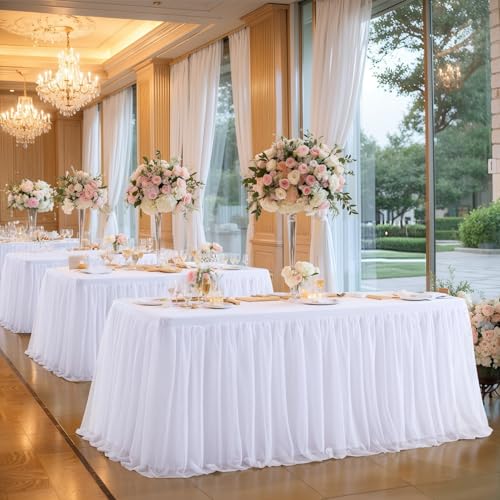 Wish Care 6 Pack White Tulle Tablecloth for 6 Foot Rectangle Tables Wrinkle Free Stretch Fitted Table Cloths with Tutu Skirt 6FT Rectangular Ruffle Table Cover for Wedding Birthday Party Banquet Cake by Wish Care - Image 3