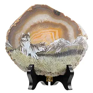 rockcloud Wolf Agate Slab Display with Wooden Stand Irregular Shape Aagte Slice Stone Home Office Desk Ornament