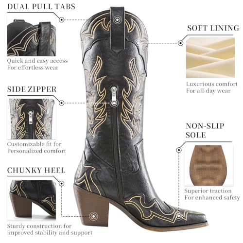 Image of ADAMUMU Womens Wide Calf Cowboy Boots Classic Western-Style Cowboys Boots for Women Pointed Toe Womens Cowgirl Boots with Chunky Heel Non-Slip Sole for Adding Timeless Elegance to Your Wardrobe