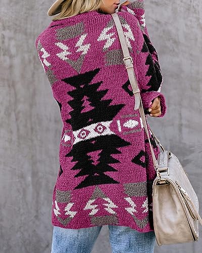 Image of FERBIA Women Boho Cardigan Aztec Open Front Loose Slouchy Sweaters Tribal Long Sleeve Knitted Christmas Jacket Coat