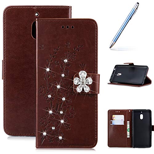 Robinsoni Case Compatible with Nokia 2.1 2018 PU Leather Case Wallet Case Sparkle Bling Cover Glitter Notebook Magnetic Flip Stand Cover Cash Pouch Folio Gel Bumper Protective Shell, Brown