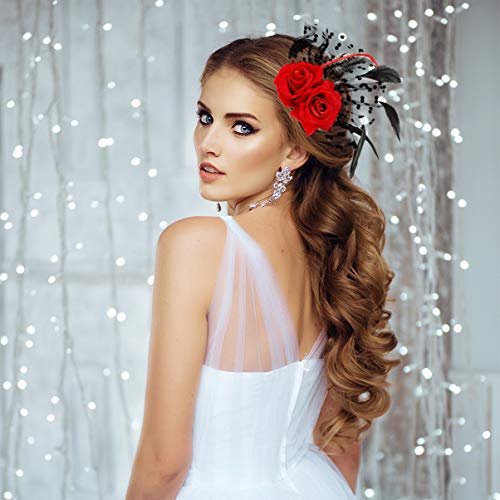 FRCOLOR Bridal Hair Clip Floral Rose Hair Pin with Veil Fascinator for Wedding Halloween Party Accessories for Women and Girls - Image 3