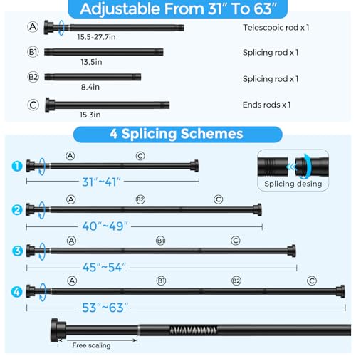 Image of Shower Rods 31-63 inch 2Pcs Black Spring Tension Curtain Rod Adjustable