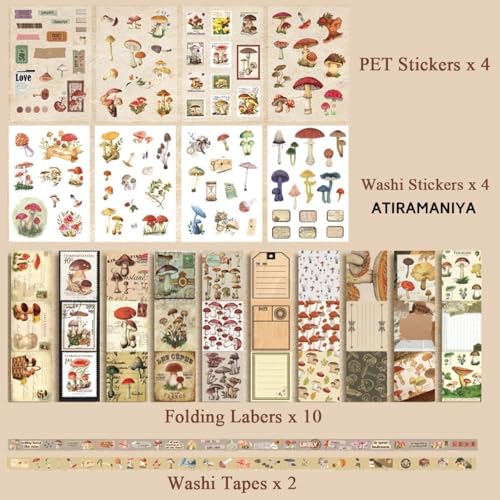 Image of ATIRAMANIYA 346Pcs Paper Vintage Aesthetic Scrapbook Kit Scrapbooking Supplies Kit with Bullet Junk Journal, Stationery, Washi Stickers A6 Grid Notebook Journaling Gift for Girl (Mushroom)
