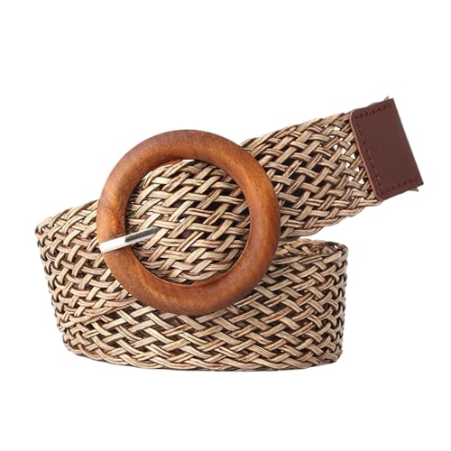Straw Woven Belts for Women Braided Belt Women Ladies Boho Belt Summer Beach Dress Belt with Round Wooden Buckle