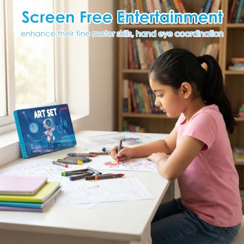 Image of KARP Children Deluxe Art Drawing Set for Kids| Drawing & Coloring Set with Crayons, Oil Pastels, Colour Pencils, Watercolors, Sketch Pens, Brushes & Carry Case (42 Pcs Astronaut Print Art Set)
