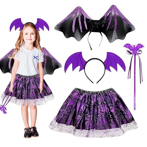 SUFANG Costume Pipistrello Bambina, 4 Pezzi Halloween Costume Pipistrello Ragazza, Costume Pipistrello Bambini con Cerchio per Capelli+Gonna Tutù+Ali+Bacchetta Magica per Halloween Carnevale e Cosp