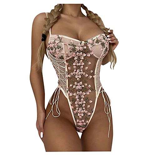 Caopixx Sexy Lingerie for Women Naughty for Sex One-Piece Perspective Lace Mesh Fishnet Bodysuit Underwear Nightgown (Pink, M)