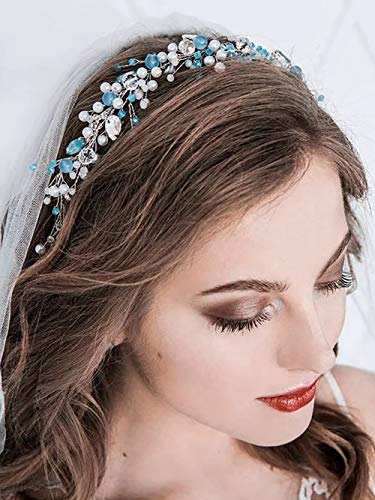FXmimior Brautschmuck-Haarband mit blauen Glasperlen für Hochzeit, Haarschmuck, Blumen, Mädchen, Damen, Kopfbedeckung, Tiara