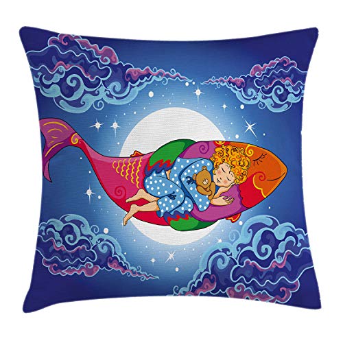 Lunarable Fish Throw Pillow Cushion Cover, Sleeping Floating on Cartoon Fish in Sky Big Moon Stars Clouds Dreamy Design, Decorative Square Accent Pillow Case, 40