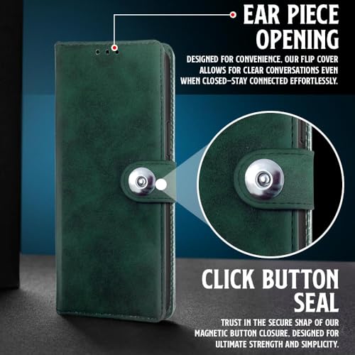 Image of WOW IMAGINE Shock Proof Flip Cover Back Case for Vivo V60 5G | V60e 5G | Vivo T4 Pro 5G (Magnetic Button Flip Case | Wallet Pockets & Stand | Leather Finish | Forest Green)