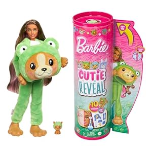 Coffret Cutie Reveal Barbie avec Poupée Articulée Châtain et Mèches Roses