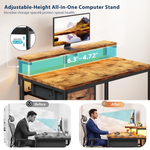 Image of DurayLoly 32 inch Office Desk with Power Outlet & Fabric Drawer,Rustic Brown