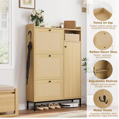 Image of Rattan Wooden Shoe Cabinet, Freestanding 3-Flip Drawer Shoe Storage Organizer, Side Cabinet & Top Fence, Easy Assembly Shoe Rack for Entryway Hallway Living Room, Natural
