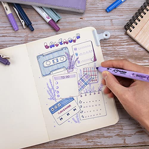 Image of WRITECH Journaling Kit, Gel Ink Pens /Retractable Highlighters /Dual Tip Brush Pens /Fineliner Pens, Smooth Writing Assorted Colors Journaling Supplies, 9 Count with Pen Bag (Haze blue & purple)