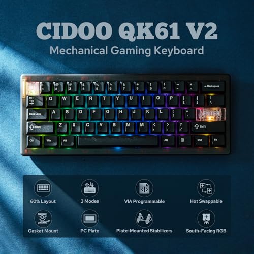 Image of MechLands CIDOO QK61 V2 VIA Programmable 60% Compact Keyboard, USB-C /BT5.0 /2.4Ghz Wireless, Hot Swappable Custom Mechanical Keyboard with Gasket Mounted, PC Plate, 3000mAh Battery for Win /Mac (Black)