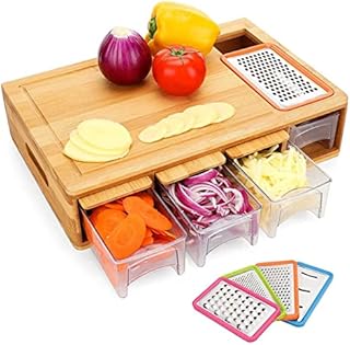 Drawer Cutting Board - 100 Percent Bamboo Cutting Board With 4 Sliding Drawer Trays And Lips. Complete Set For Kitchen, Lightweight, Easy To Clean (Color : Bamboo)