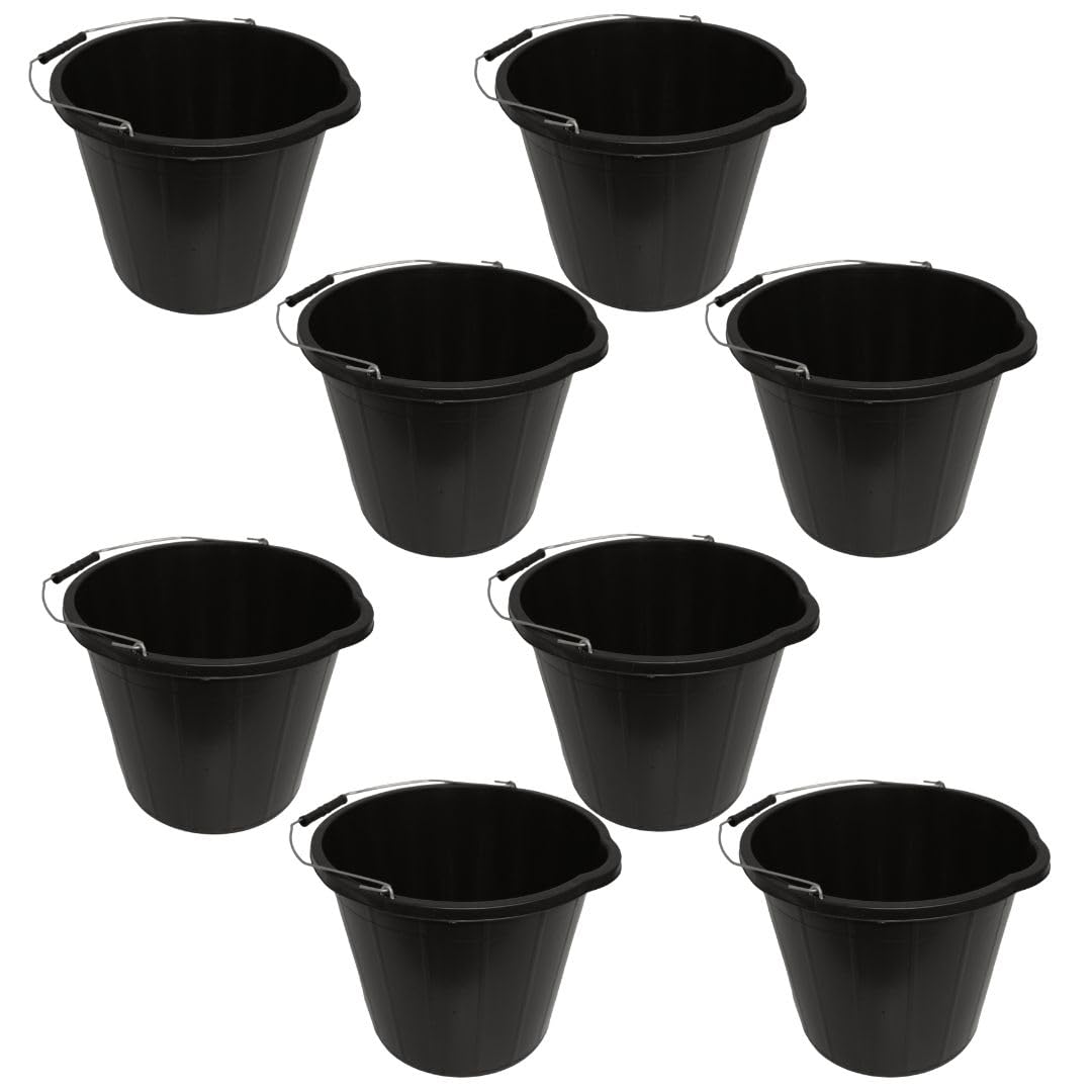 LITETRON Pack of 8 Builders Bucket, Black Plastic, 14L/3 Gallons, Heavy Duty Construction, Sturdy, Feed, Water, Garden Multipurpose (8)