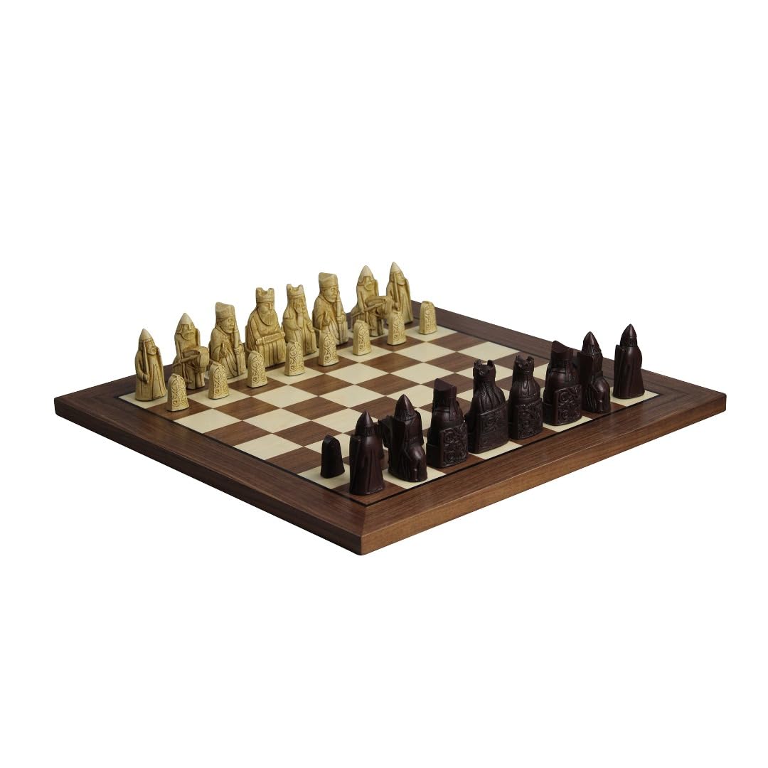 Isle of Lewis I Kość słoniowa i brązowa żywica szachy 9 cm z orzechową szachownicą 50 cm