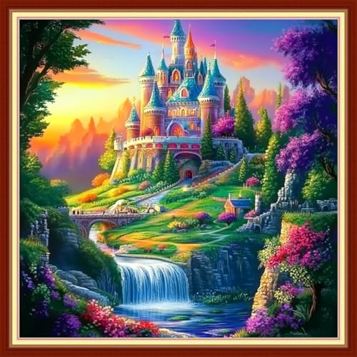 Image of Joyhoor Cross Stitch Kits for Beginners Stamped Cross-Stitch Supplies Needlework preprint Embroidery Kits for Adults DIY Needlepoint Kits Embroidery Patterns 11CT-Wonderland Castle 18x18 inchs