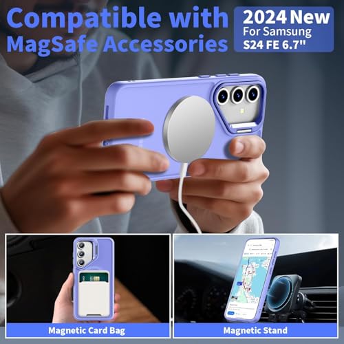 Image of DIZORO TPU+PC Samsung Galaxy S24 FE Case Compatible with Mag Safe & Wireless Charging, with Camera Stand, Military Grade Drop Tested,Translucent Hard Back Soft Edge Back Cover (Camera Stand Purple)