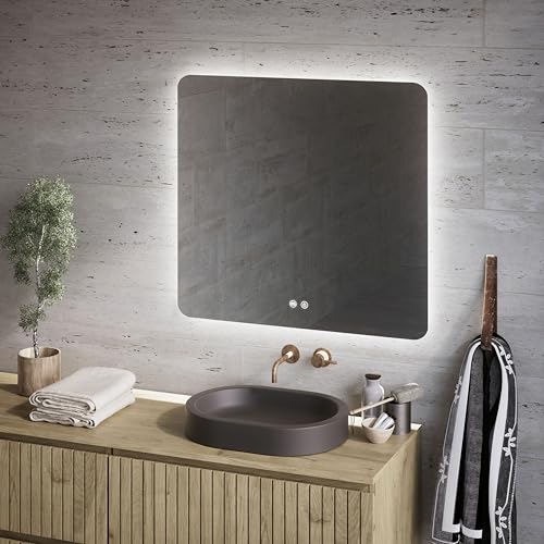 Feel Your Bath, Espejo de Baño Cuadrado con Luz LED Regulable 80x80cm, con Interruptor Táctil, Antivaho y Apagado Automático - Fácil de Instalar (80)