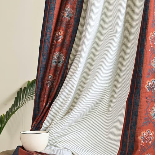 Image of Peepul Tree Handprinted Floral Striped Ornamental Door Curtain in Ivory Maroon and Navy Blue | 7 Feet | Pack of 1| Back Loop Curtain | 70% Light Blocking | Semi Blackout| Breathable Drapes