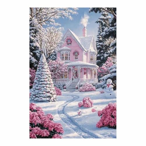 Cuadro navideño rosa de TERUEA para salón, lienzo decorativo de cabaña nevada 40x60cm