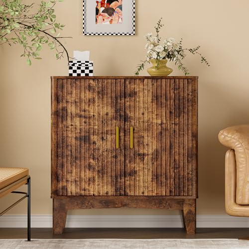 Image of BORNOON Storage Cabinet with Doors and Adjustable Shelf, Modern Fluted Sideboard Buffet Cabinet, Freestanding Coffee Bar for Kitchen, Pantry, Entryway, Living Room (Rustic Brown)