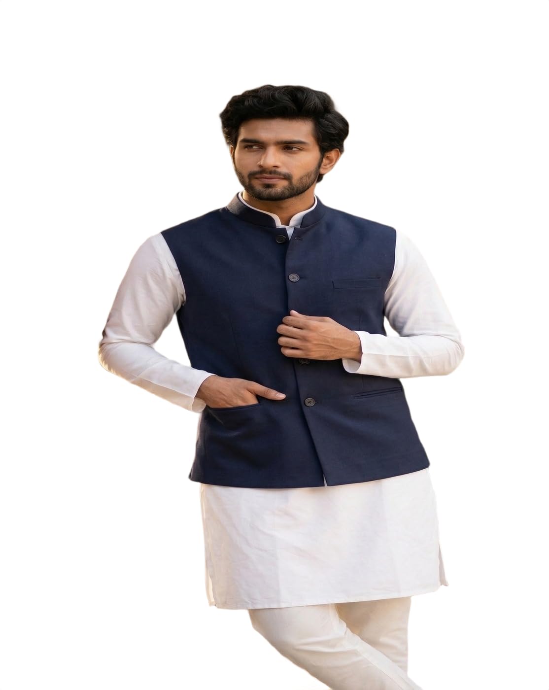 the classic togs Classic Navy Blue Sleeveless Nehru Jacket for Men - Solid Mandarian Collar Modi Vest | Versatile Ethnic Wear Bundi Waistcoat for Kurta Pajama-picture-17
