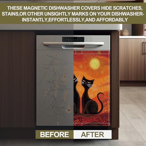 Image of Black Cat Magnetic Dishwasher Cover,Ethnic Sun Dishwasher Covers for The Front Magnetic Dishwasher Panel Decal Cover for Kitchen 23x26inch