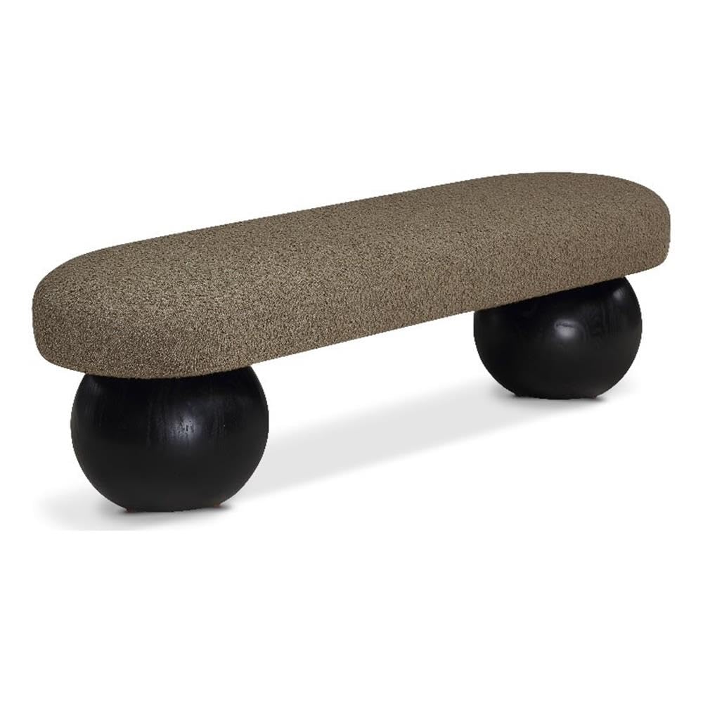 Pemberly Row Art Deco Bench, 59.5" Wide, Rich Olive Green Boucle Fabric, Solid Ash Wood Black Ball Shape Legs, Modern Contemporary Design, Living Room