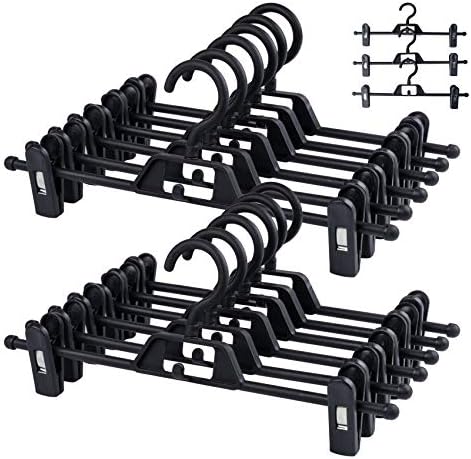 ilauke 12 Pack Trouser Hangers Skirt Hangers Black Plastic Clothes Hangers with Strong Non-slip Adjustable Clips, 360° Hook, Hangers for Skirts, Jeans, Slacks
