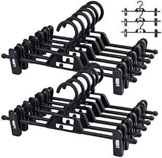 ilauke 12 Pack Trouser Hangers Skirt Hangers Black Plastic Clothes Hangers with Strong Non-slip Adjustable Clips, 360° Hook, Hangers for Skirts, Jeans, Slacks