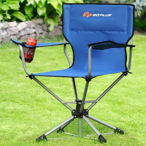 Happytools Portable Swivel Camping Chair, 360° Rotation Lawn Chair W/Cup Holder & Carrying Bag, Folding Camp Backpacking Blue #TOP6