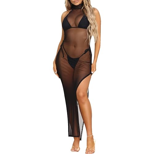 FairBeauty Women's Sexy Mesh Sheer Swimsuit Cover Ups Long Beach See Through Dress