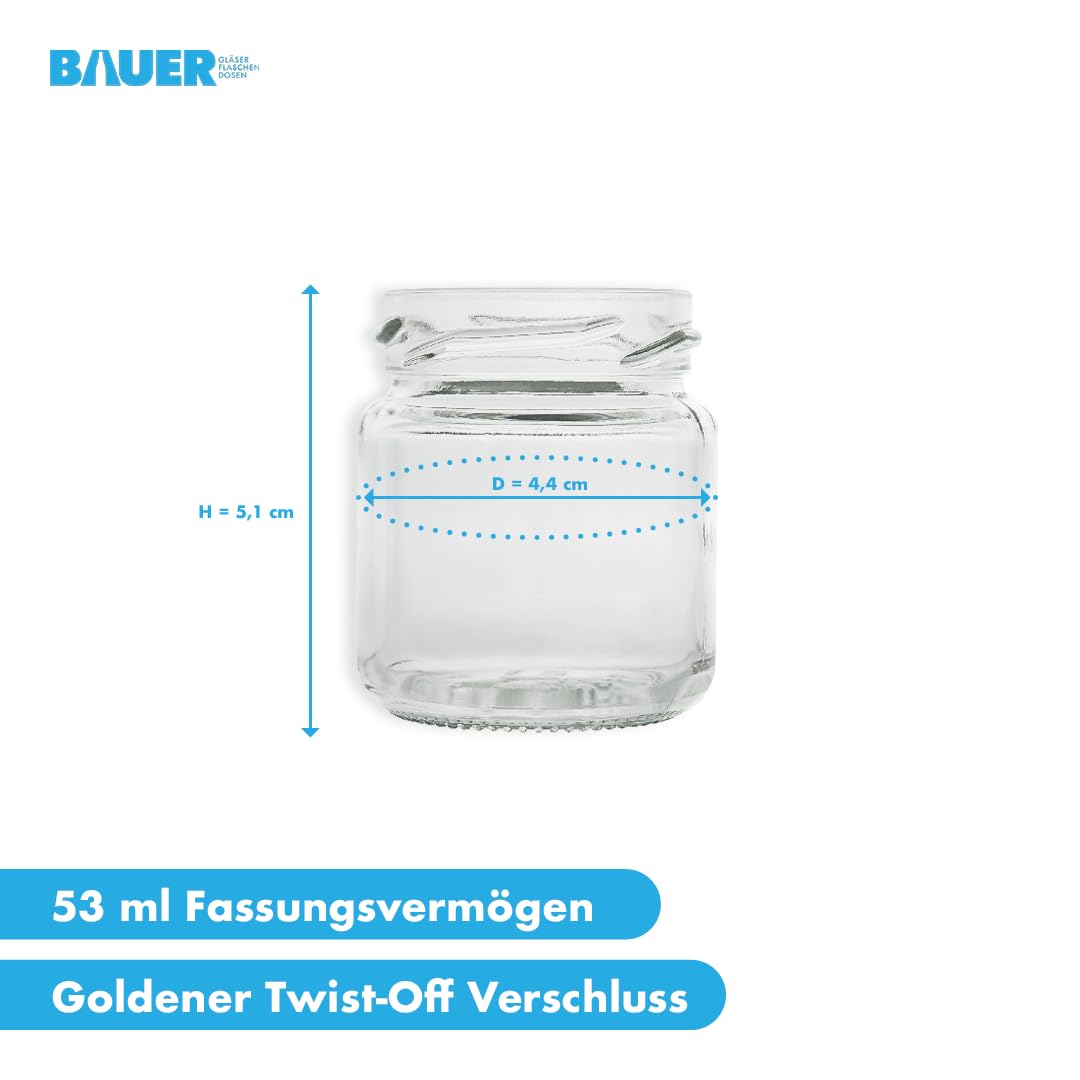 flaschenbauer Set von 24/48/96 Mini Einmachgläser 53ml - Schraubgläser mit Gold-Twist-Off Deckel 43mm, Ideal für Marmelade, Honig, Gewürze, Konservieren & Geschenkideen - 96 Stück