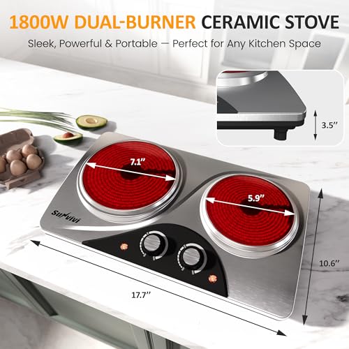 Image of Sunvivi 1800W Dual Burner Portable Electric Ceramic Stove - Knob Control, Indicator Light, Compatible with All Cookware, Ideal for Multiple Cooking Scenarios, Silver