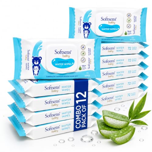 Image of Softsens Baby 99.9% Pure Water Wipes | Pure Aloe Vera Extract with Lid Wipes For Babies (Pack of 12)