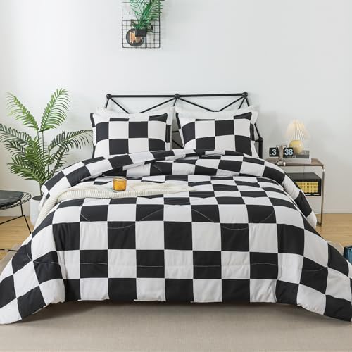 Caressma Black White Checkered Comforter Set Twin Size Plaid Bedding Set