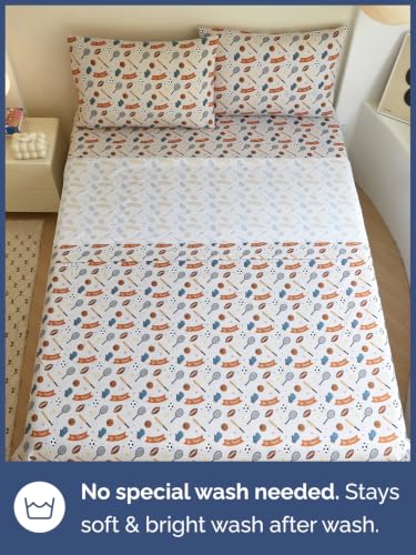 Image of Kids Full Size Sports Bed Sheets - 4 Piece Kids Sports Sheet Set - Game Day Bedding - Ultra-Soft, Cute & Cozy - Breathable & Machine Washable - Wonderful Fun Bed Set for Boys, Girls, Teens & Toddlers