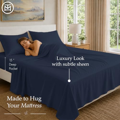 Image of Threadmill 100% Cotton Sheets for Twin Size Bed - 600 Thread Count Twin Bed Sheets Set with 15 inch Deep Pocket - Sateen Weave 3-Piece Bedding Set with Cooling Effect, Folkstone Blue