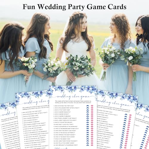 Image of Wedding Shoe Bridal Shower Games, 25 Blue Floral Bridal Shower Game Cards Set, Engagement Party Game for Guests, Wedding Games for Reception, Minimalist Marriage Party Supplies-10