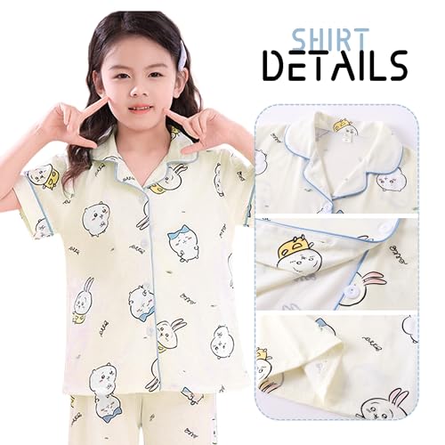 Cartoon Pajamas Set Petite Women Girls Short Sleeve Shirt and Pants 2 Piece Pj Set Button Down Sleepwear Loungewear4
