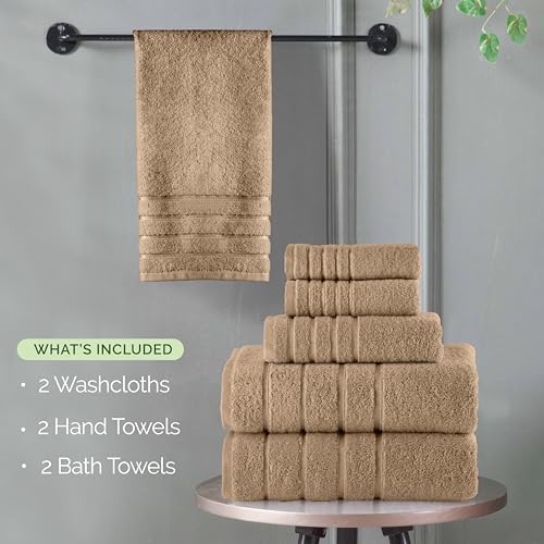 Image of Elegant Comfort 4 Lines Viscose Stripe 6-Piece Premium Towel Set 100% Turkish Cotton High Absorbent Luxury Bathroom Towels Includes 2 Washcloths, 2 Hand Towels & 2 Bath Towel Set, Taupe (Pack of 4)