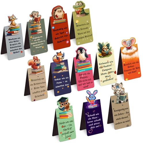 12 Stück Magnetische Lesezeichen Kinder mit Tiermotiven & Sprüchen wasserdicht abgerundete Ecken Mitgebsel Kindergeburtstag Geschenke Einschulung Schulkind 2026 Schultütenfüllung Jungen & Mädchen