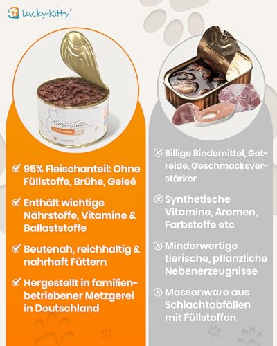 Lucky-Kitty Katzenfutter Nass Pute, 95% Fleisch I Katzenfutter ohne Getreide & Zucker, Lebensmittelqualität I Nassfutter für Katzen, Keine Zusätze I Kittenfutter Made in Germany I 4x200g