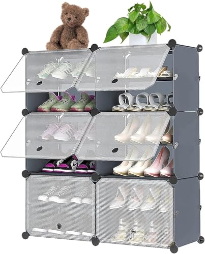 Image of Sunderlook Shoe Rack Plastic for Home- Shoe Stand, Chappal Stand, Professional Multipurpose Foldable Standing Comfort Runner Shoe Rack with Door, Slipper Stand (Dark Grey, 12 Shelf 6 Door)