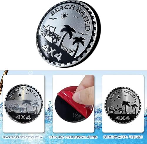 Image of 2Pcs Beach Badge Rated Car Emblem, 3D Metal Car Badges 4 x 4 Metal Automotive Badges Emblems Round Emblem Decals Car Badge Decals Stickers Compatible for Jeep Wrangler Vehicles Trucks SUV Emblems
